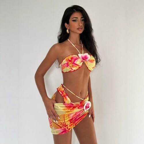Women'S Floral Flower Print Bikini Set, High-Waisted,