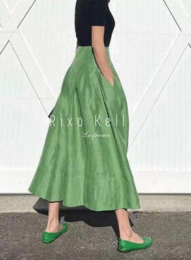 Rixo Kelly法式复古气质绿色高腰梨形身材显瘦设计感蓬蓬半身裙夏