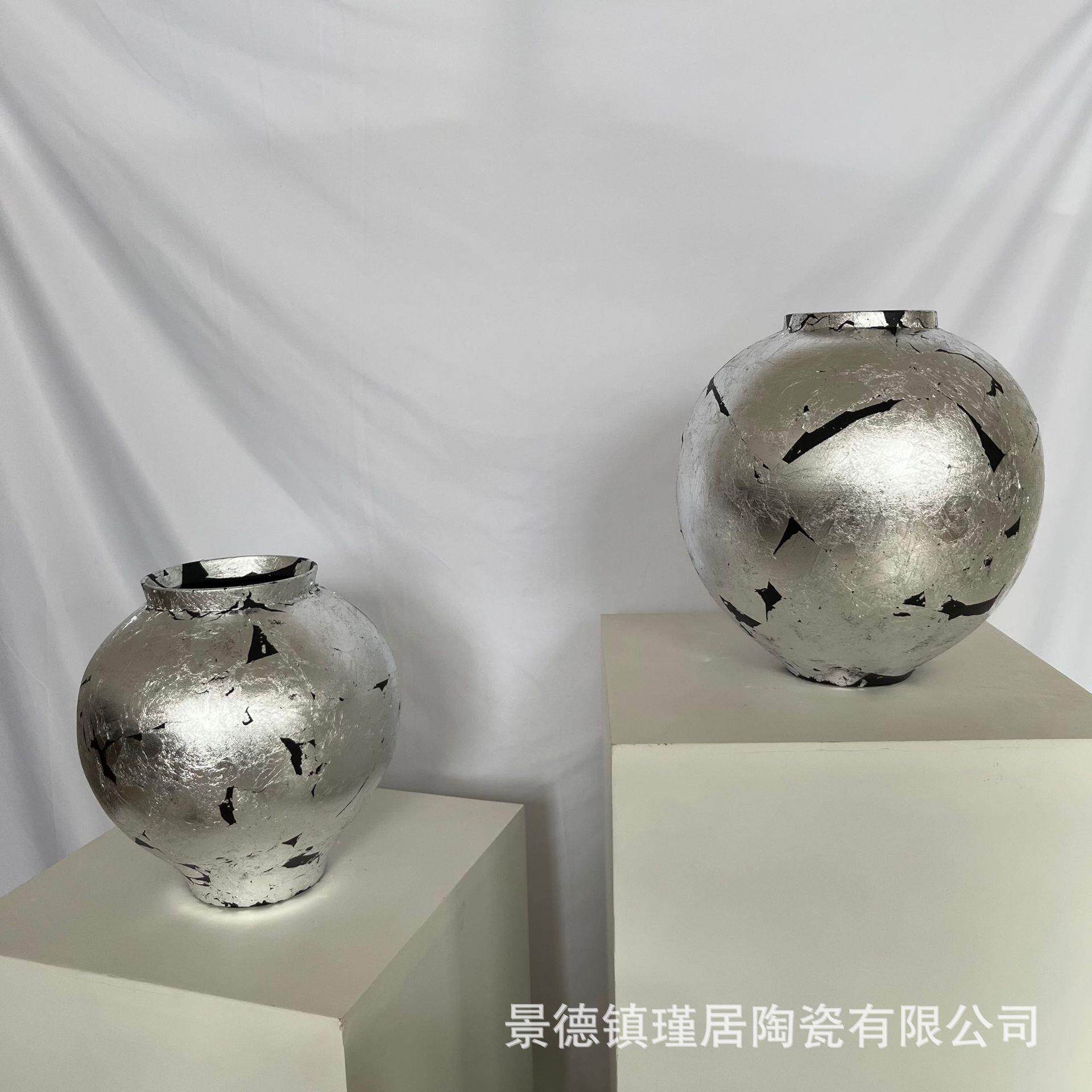 轻奢风手作陶瓷花器银箔极简风软装搭配花瓶摆件台面、玄关电视柜