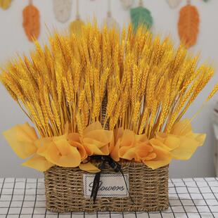 天然金色麦穗干花花束开业大麦客厅田园装饰摆件插花花蓝草编花盆
