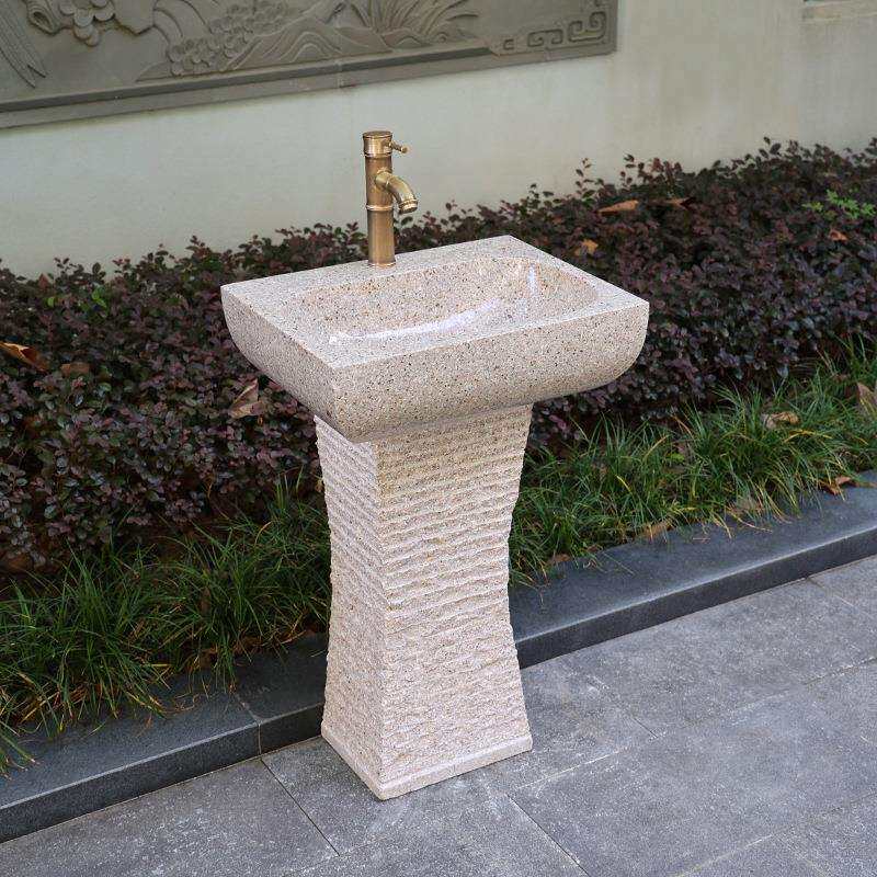 户外石头洗手一体台盆庭院水池落地式脸盆室外大理石材立柱盆水槽