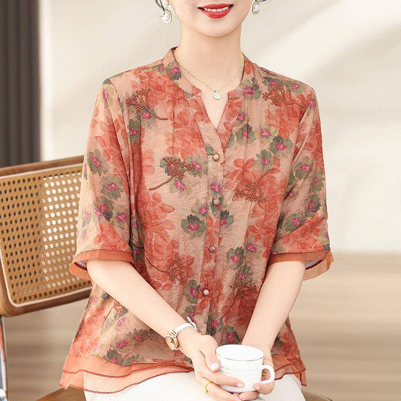 妈妈夏装时尚上衣中年短袖衬衫2025新款中老年女夏季T恤洋派套装
