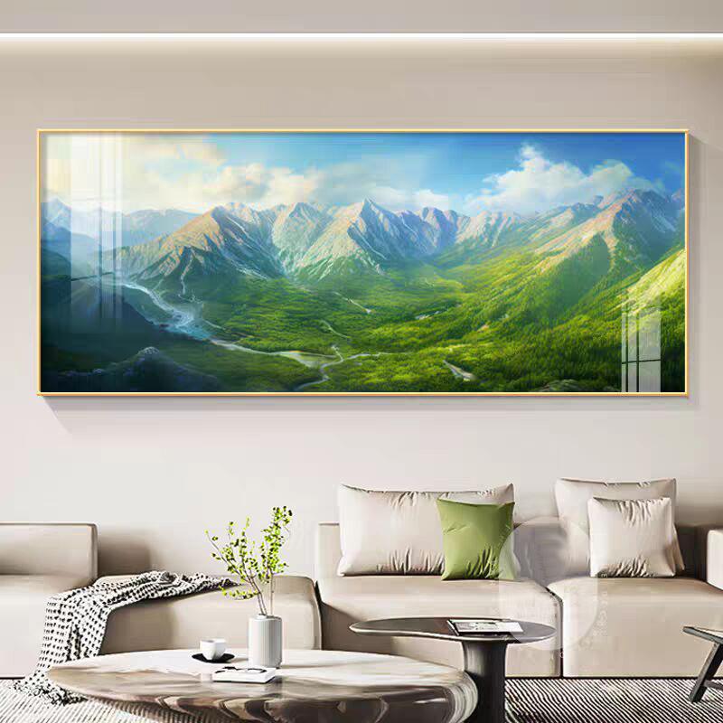 绿色青山图客厅沙发背景墙装饰画有山无水靠山图办公室横版墙壁画