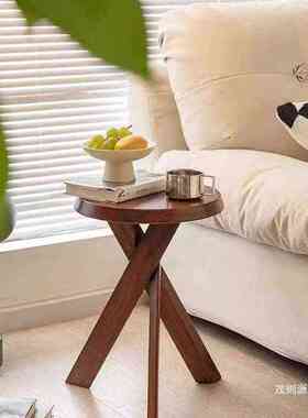 黑色实木小茶边几沙发圆桌子床头柜中复古风法式矮置物架客厅阳台