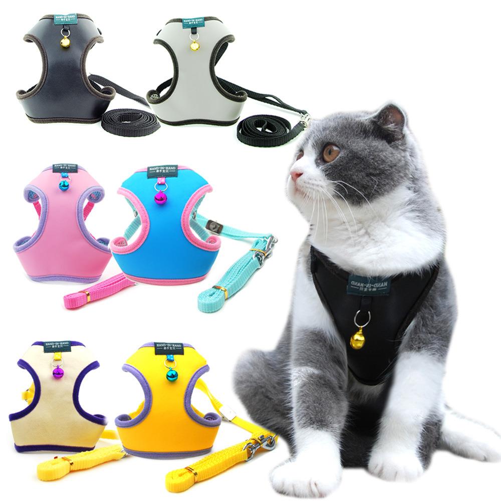 猫咪肚兜护体带铃铛背心式PU软皮耐脏牵引绳猫狗胸背带