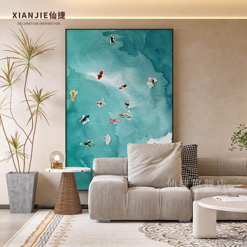 网红现清代夏日凉玄蓝色冲浪划水厅餐厅关装饰画卧室客画壁竖版挂