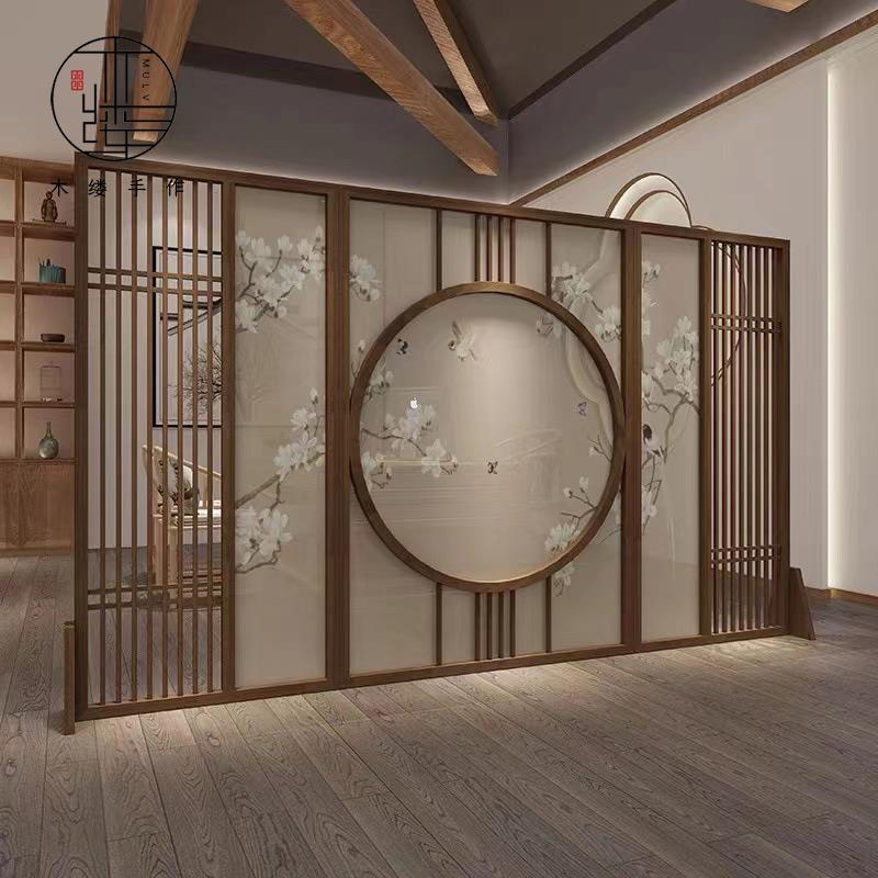 新中式屏风隔断客厅门厅办公室茶室阻隔简约现代可移动实木座椅屏