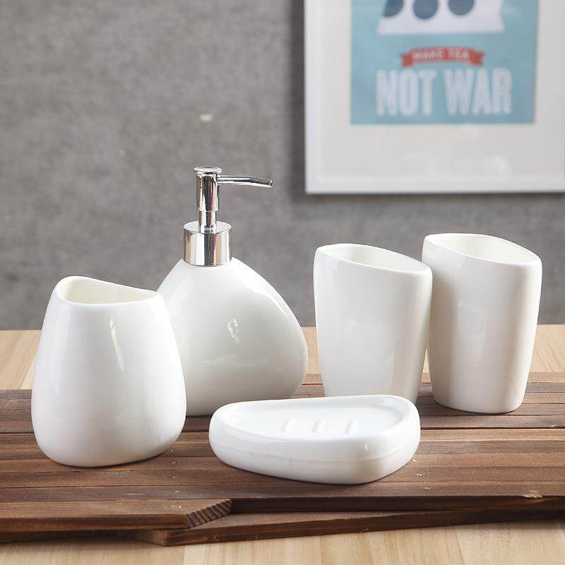 跨境供应卫浴陶瓷卫生间浴室用品牙刷架漱口杯香皂盒简约套装
