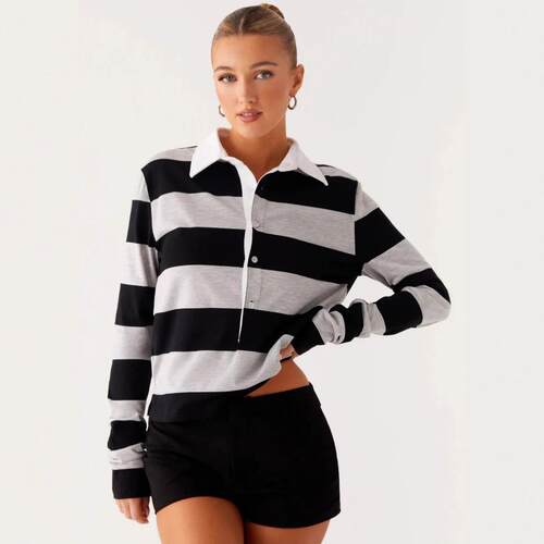 Women's long sleeved T-shirt with a collar and striped top