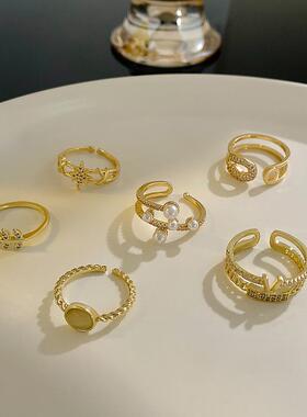 镀金黄铜戒指跨境爆款韩国简约不规则镶钻开口戒指女饰品手饰