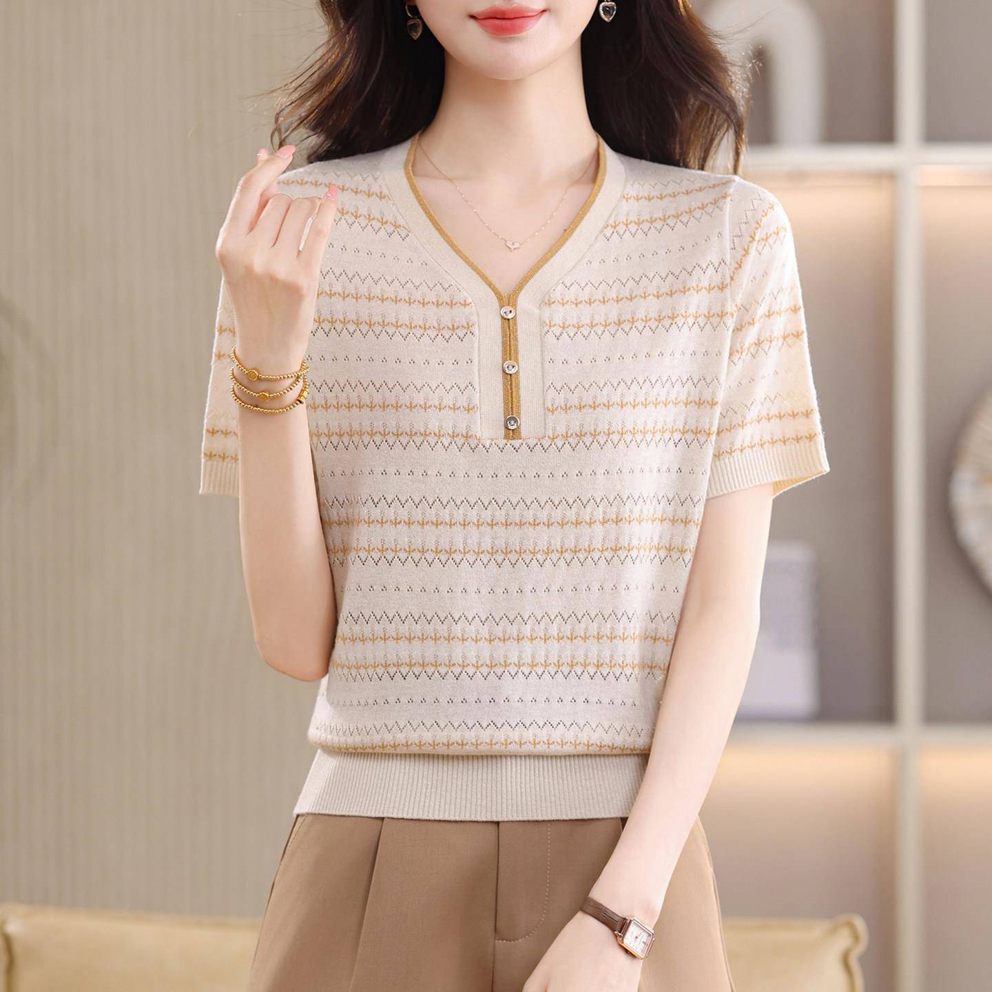 桑蚕丝V领短袖t恤条纹镂空针织衫女夏装洋气气质妈妈装天丝上衣潮
