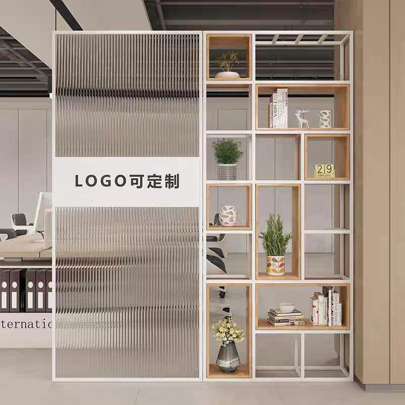 铁艺实木办公室简约玻璃隔断屏风装饰架展厅玄关员工区置物架隔断