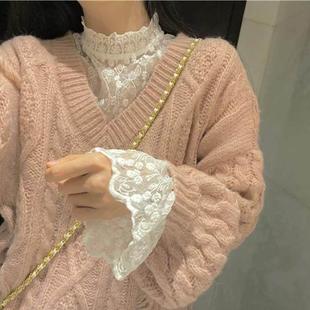 1219e 上衣加绒长袖 蕾丝打底衫 女高领秋冬毛衣内搭洋气网纱喇叭袖