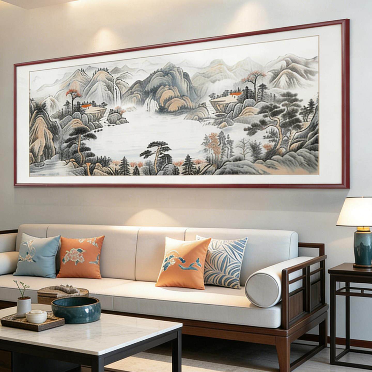 西墙聚财客厅挂画新中式沙发装饰画聚宝盆山水画靠山图办公室壁画