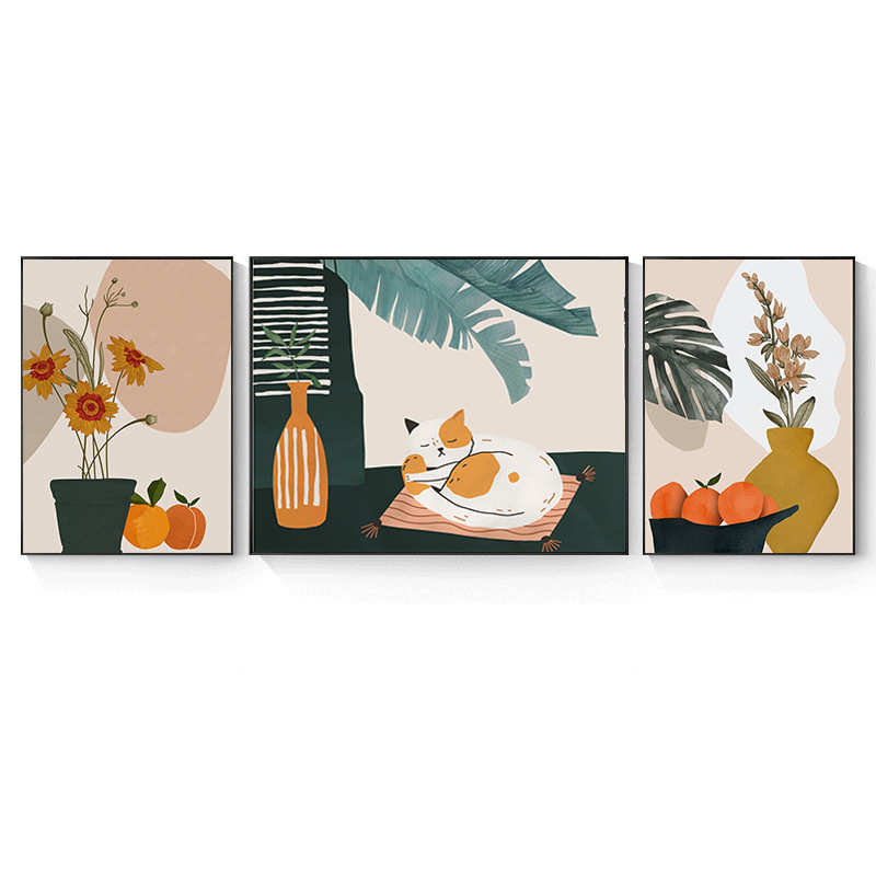 简约现代客厅装饰画三联挂画餐厅卧室壁画北欧风植物水果背景墙画图片