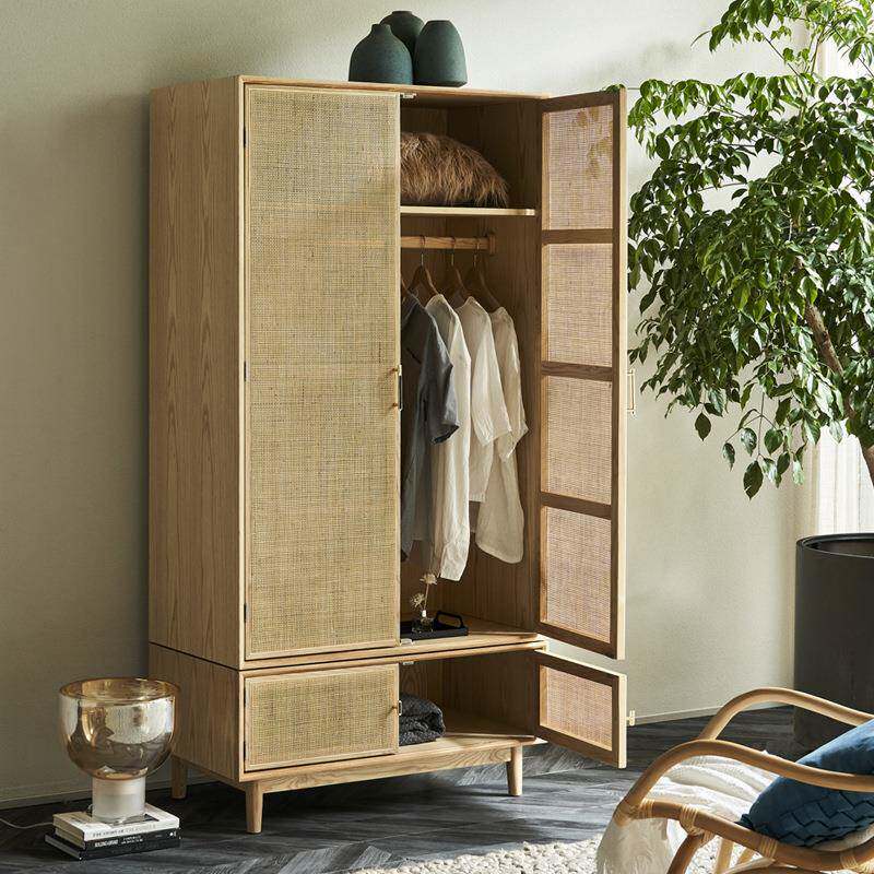 北欧家用推拉门衣柜简约现代实木衣橱创意民宿藤编储物柜子小户型