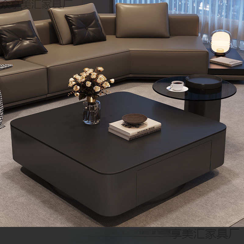 高级轻奢意式方形岩板茶几小户型现代简约客厅家用黑色极简组合