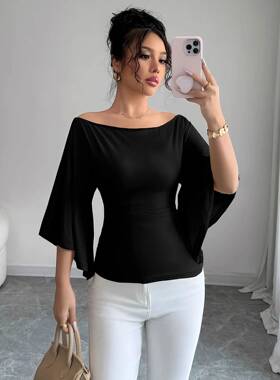 Elegant Off - Shoulder Flare Sleeve Fitted Women ' s Shirt ,