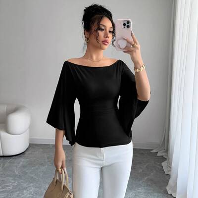 Elegant Off - Shoulder Flare Sleeve Fitted Women ' s Shirt ,