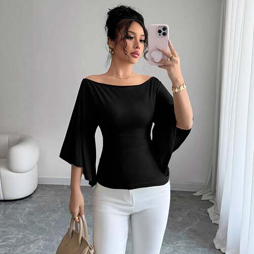 Elegant Off - Shoulder Flare Sleeve Fitted Women ' s Shirt ,