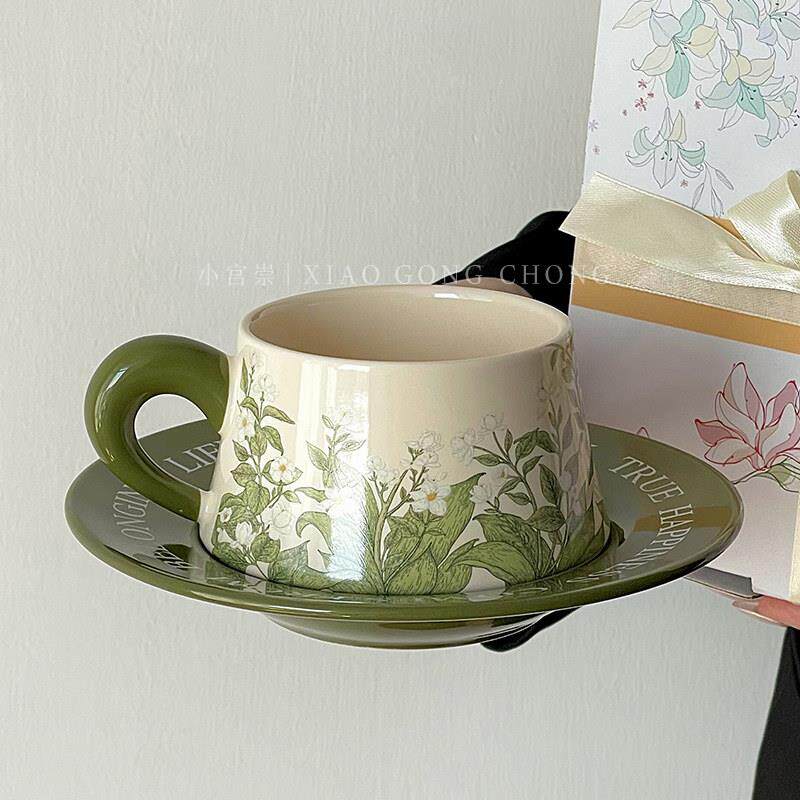 油画 画风铃兰花咖啡杯碟套装高颜值陶瓷拿铁杯下午茶水杯子礼盒