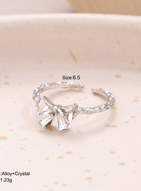 Bow ring women可爱蝴蝶结戒指开 口可调节女生小众食指戒指环镶