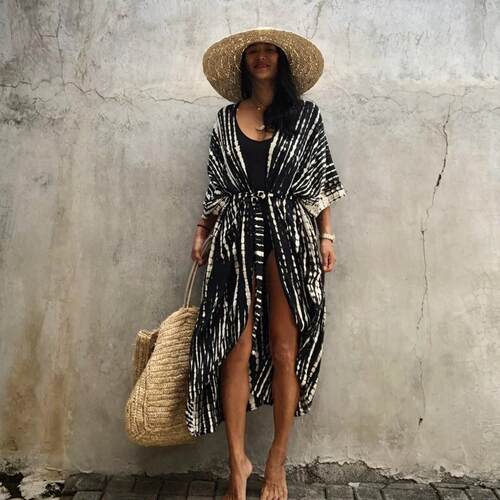 Stylish Tie Dye Open Front Long Kimono Swimsuit Cover Up for