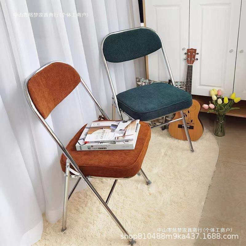 叠复厚古折椅子灯芯绒家无品牌/加金属网红拍照椅用靠背餐椅摄影