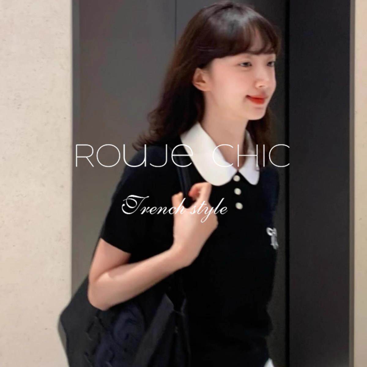 法国rouje chic法式撞色冰丝刺绣短袖t恤女夏季娃娃领短款针织衫