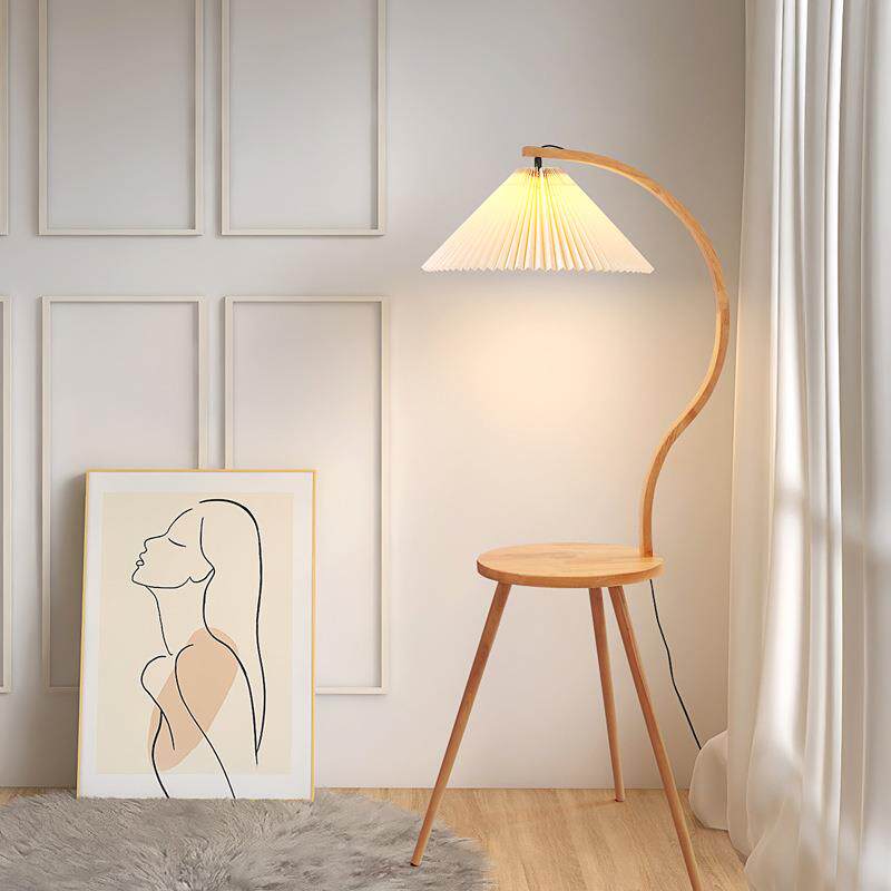 落地灯实木奶油风置物架茶几一体立式台灯复古客厅沙发卧室氛围灯