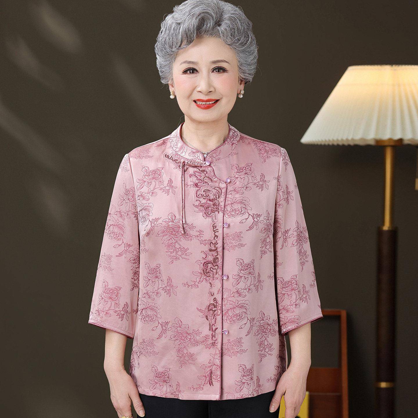 国风中老年人衬衫女立领夏装桑蚕丝100%套装大尺码奶奶真丝上衣薄