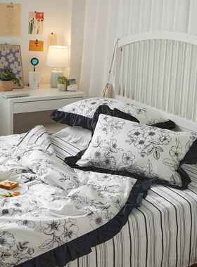 新款Mory少io白赫本风ins素描纯棉四套公主女心黑花边全棉件被套