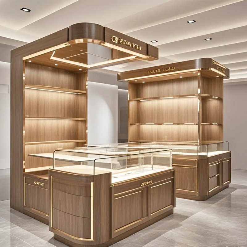 复古实木带灯整店展示柜 高档产品多层展示陈列柜 落地展示架货柜