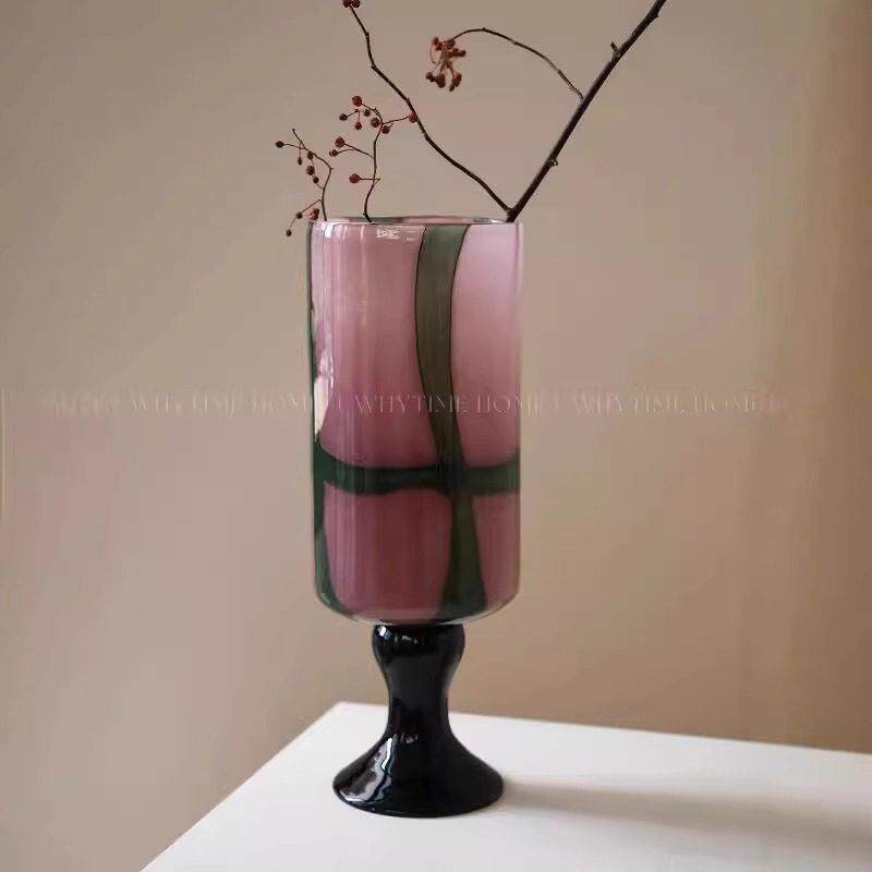 中世纪彩色玻璃花瓶客厅插花装饰品可访问豪华高端餐厅桌面高腿装