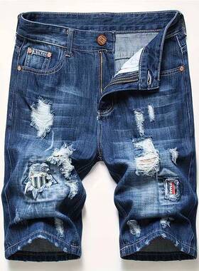 Men's Cotton Black Red Ripped Distressed Denim Shorts Y2K