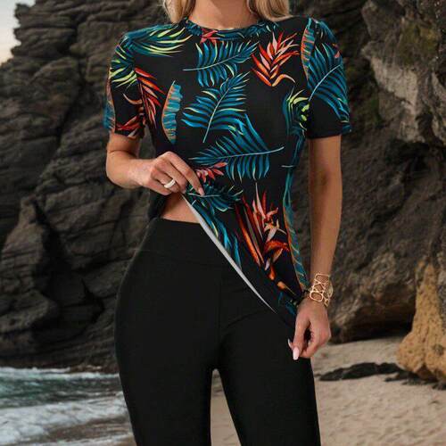 Womens Leaf Print Set Casual Round Neck Swim Top & Skinny