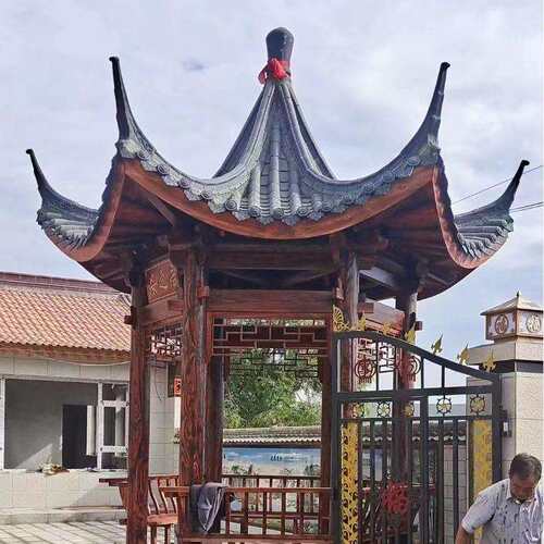 古建青瓦凉亭新中式双层六角亭户外岗亭庭院园林别墅实木防腐亭子