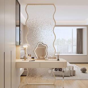 奶油风新型卧室隔断屏风顶天立地水波纹玻璃屏风门对床梳妆台遮挡