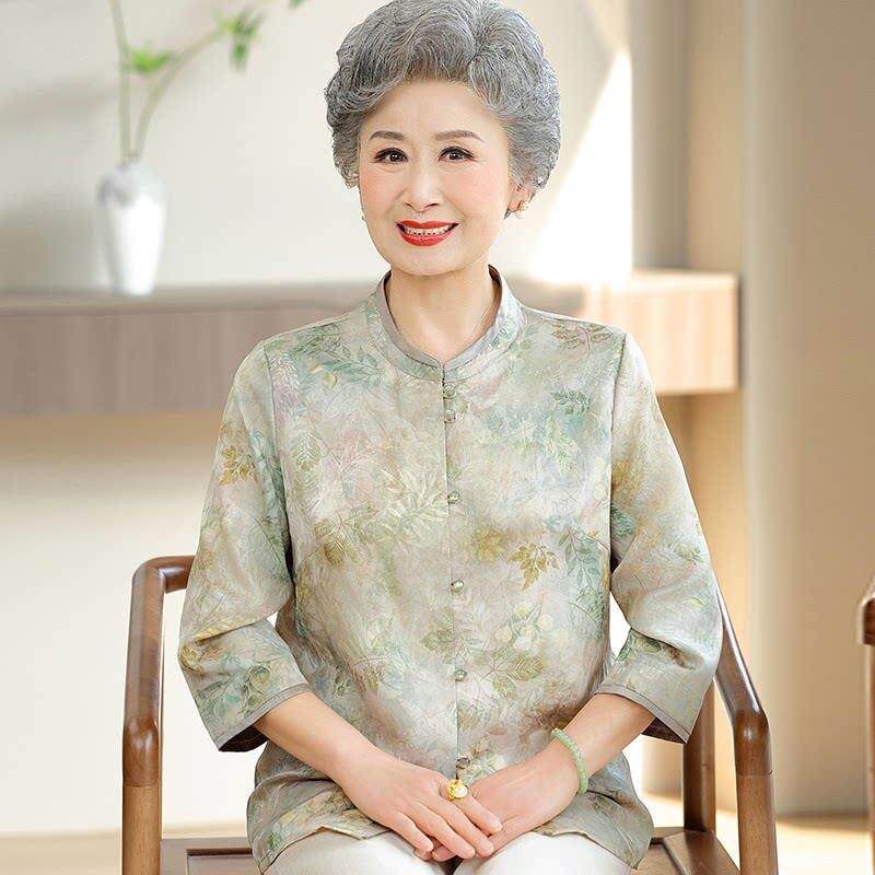 中老年人奶奶夏装桑蚕丝衬衫女开 衫两件套大尺码重磅真丝透气上