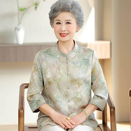 中老年人奶奶夏装桑蚕丝衬衫女开 衫两件套大尺码重磅真丝透气上