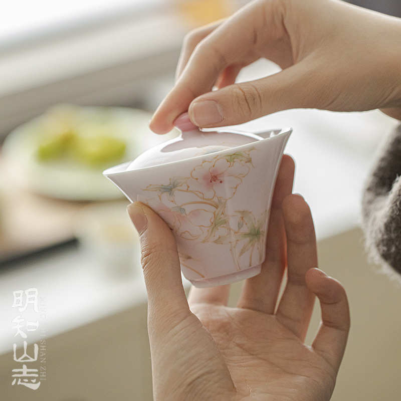 明知山志 杏粉花晨月夕云归盖碗 手绘粉色温柔陶瓷盖碗功夫茶碗