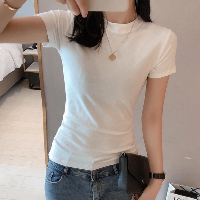 2025年新款夏装白色短袖T恤女打底小衫洋派内搭修身纯色上衣潮