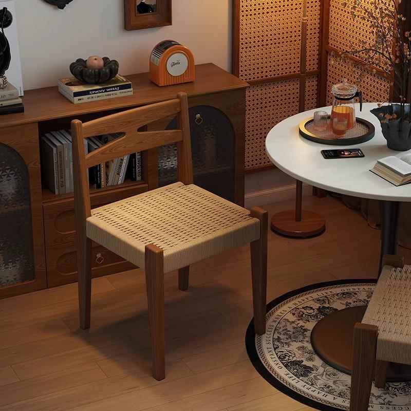 简约诧寂设计师实木绳编实木藤编餐椅椅子复古简约靠背简约靠背椅