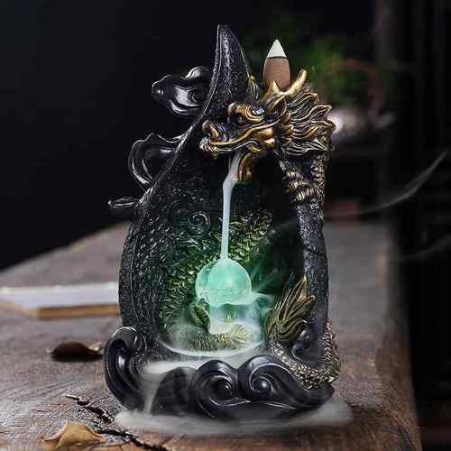 跨境树脂烟倒流香薰炉 创意大号龙LED灯瀑布回流香器工艺品摆件