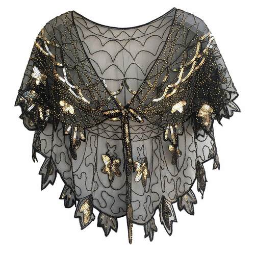Shawl dress with sequins, draped over a women's top with