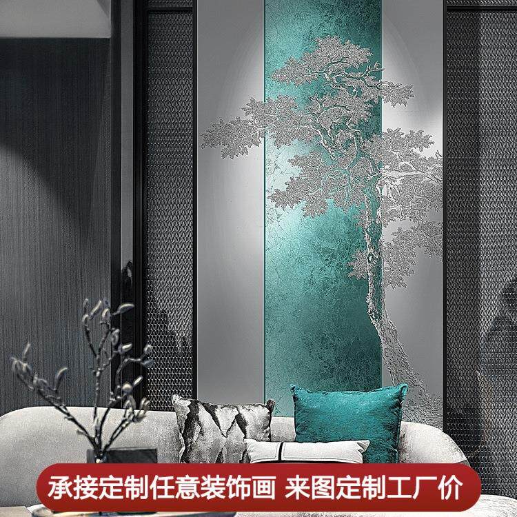 新中式现代立体艺术国风轻奢浮雕金箔装饰画玄关走廊过道挂迎客松