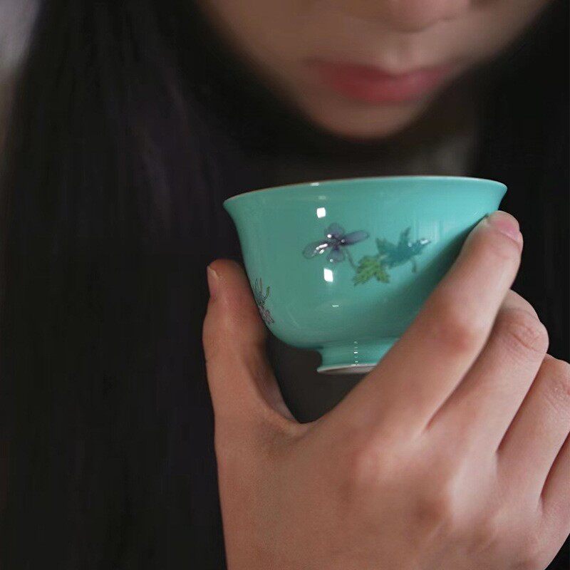 景德镇沐云言物中式手绘松石绿蝶恋花主人杯茶杯