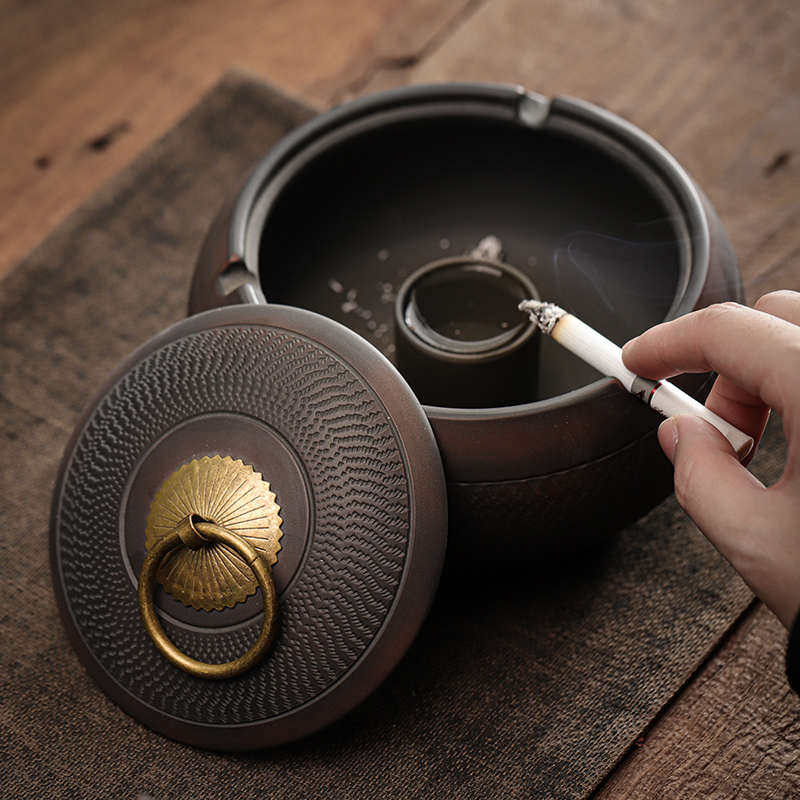 清溪紫陶烟灰缸创意大号陶瓷家用办公客厅带盖防飞灰烟缸