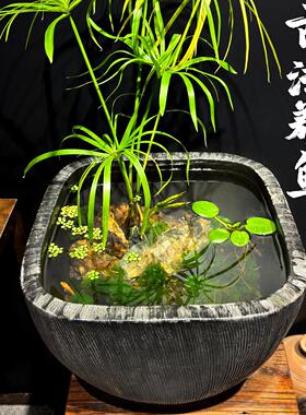 古法养鱼盆大号陶瓷睡莲循环流水落地摆件家用造景荷花缸方形粗陶