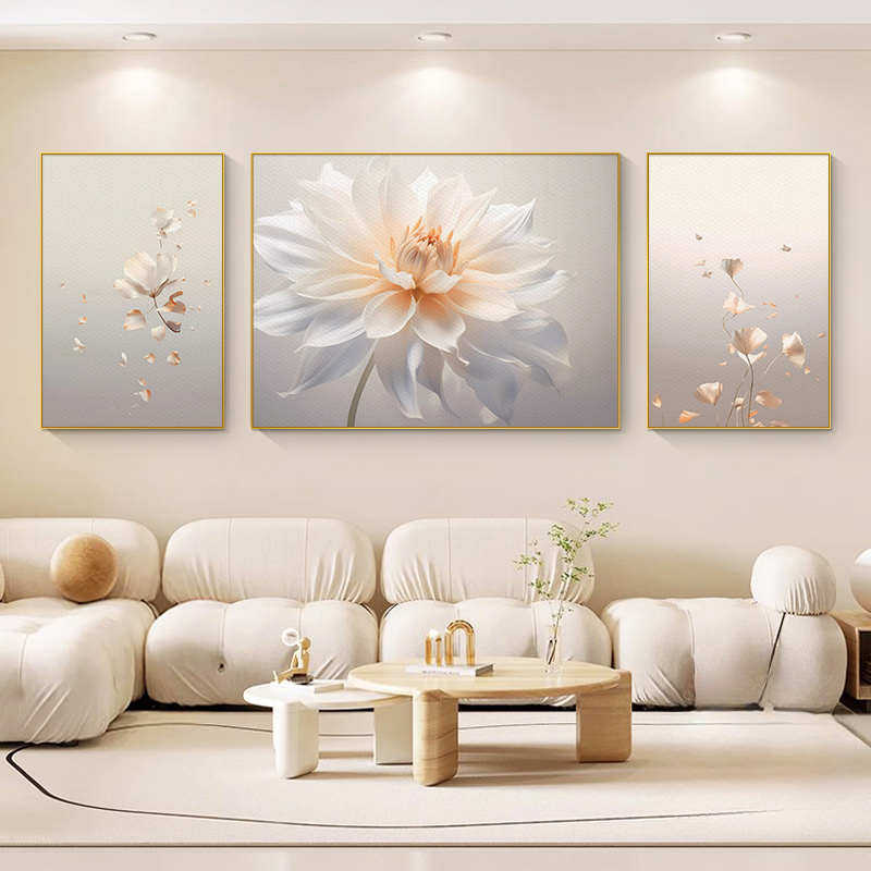 奶油风客厅大白墙装饰画白牡丹新款壁画轻奢高级感沙发背景墙挂画